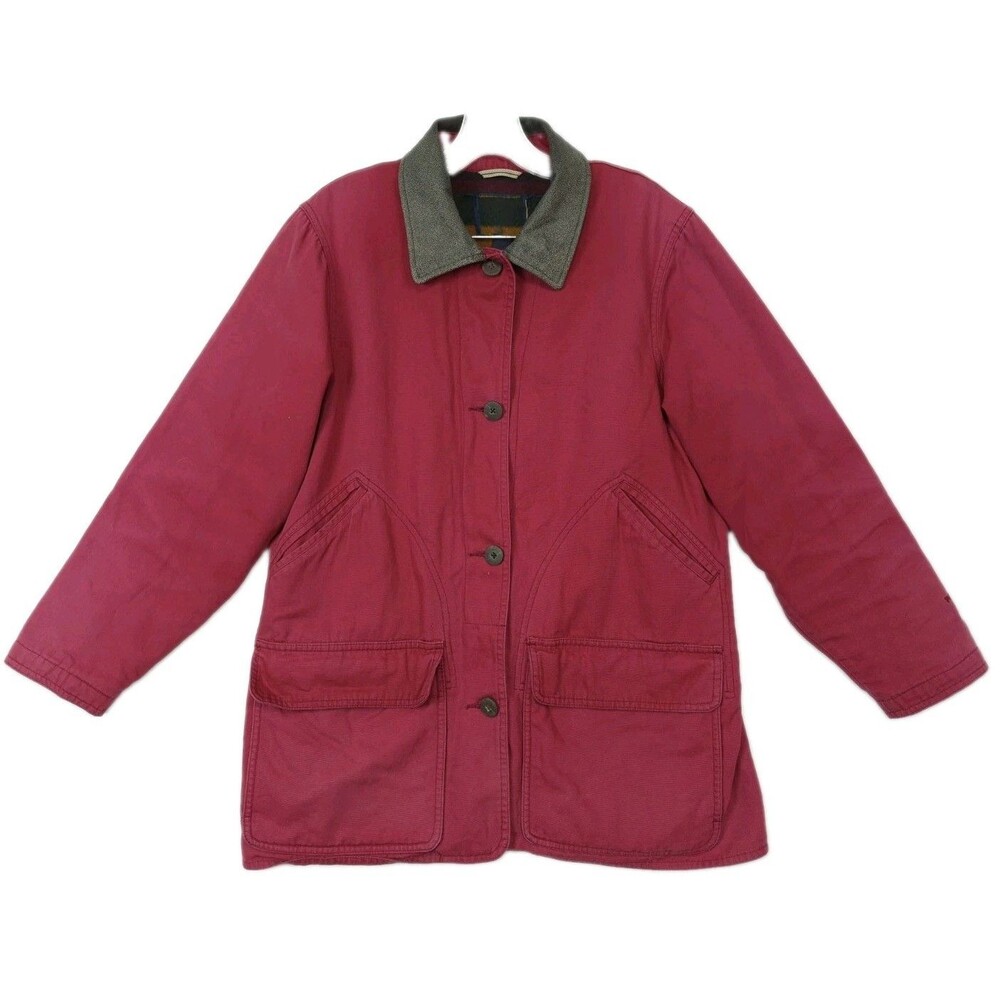 Vintage Woolrich Womens Barn Coat M Red Blanket Lined Insulated Leather Collar